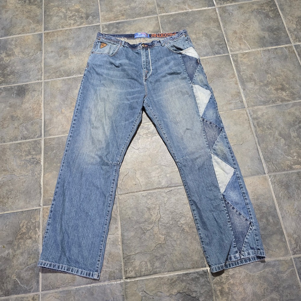Y2K vintage Akademiks Jeans Mens 42x34 Blue Patchwork Baggy Streetwear Denim